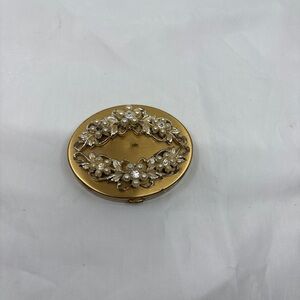 Vintage K & K Kotler and Kopit Mirror Powder Gold Tone Compact Rhinestone Pearls